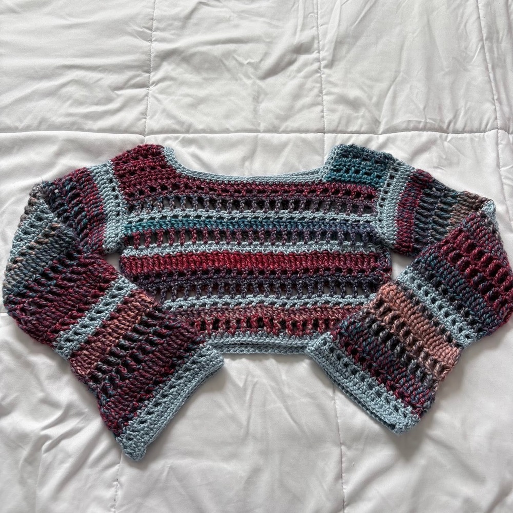 Handmade Crochet Crop Sweater Striped Bell Sleeve Boho Knit Top Hippie Whimsy